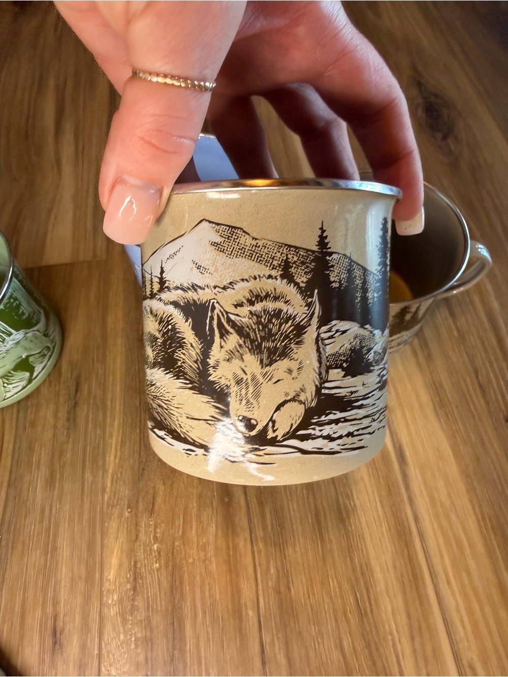 Outdoor Wildlife Enamel Camping Mugs - Set of 4 (Blue, Tan, Green) - Picture 9 of 10